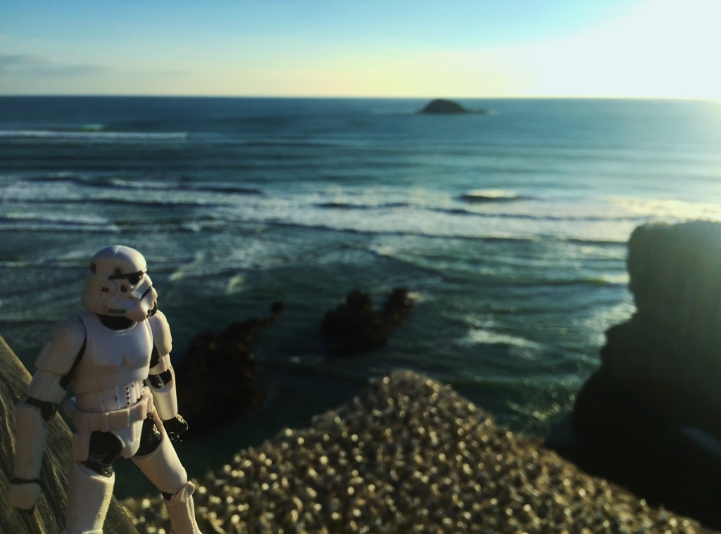 Stormtrooper action figure looking out at the ocean.