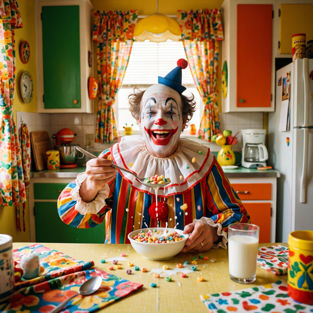 Clown eating cereal at table