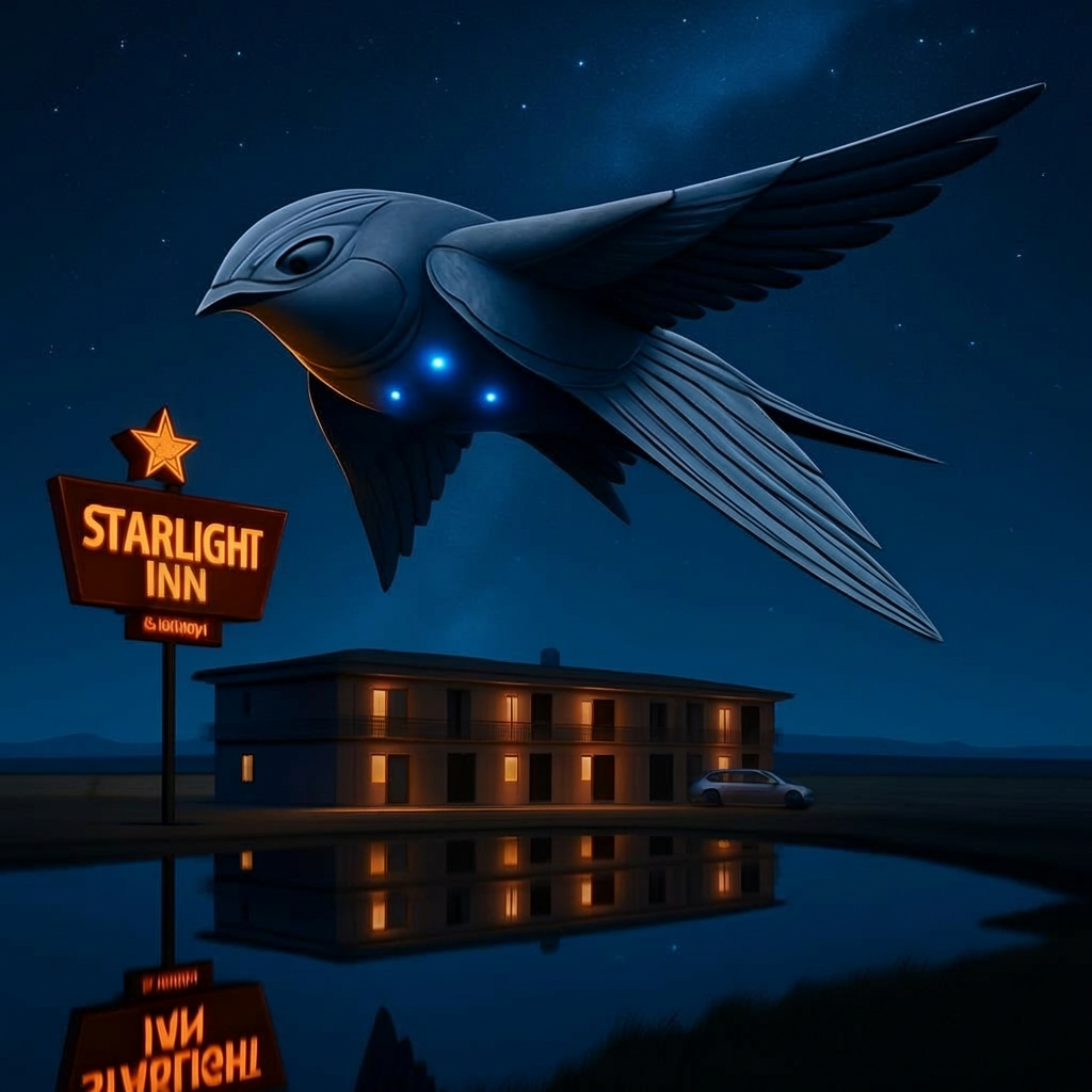 A large robotic bird flying over Starlight Inn motel at night with a spiral galaxy and star constellations in the sky