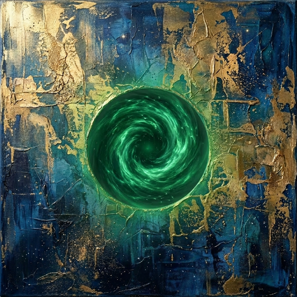 Abstract painting with gold textured patterns on a blue background