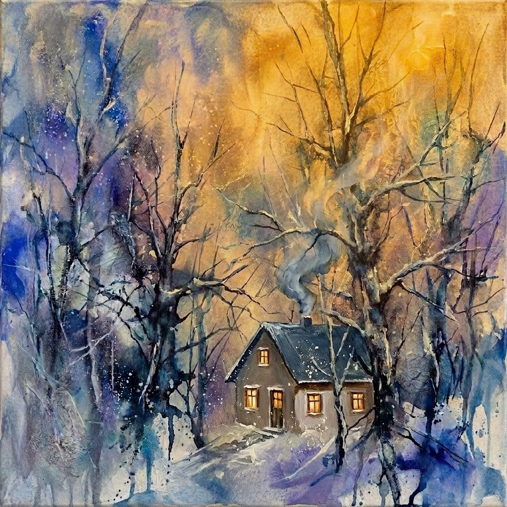 Watercolor painting of leafless trees in a snowy forest with blue and purple hues