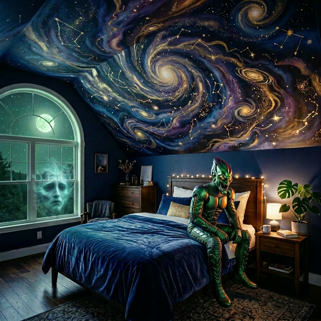 Bedroom featuring a galaxy mural on the ceiling, a woman sleeping, and a moonlit window