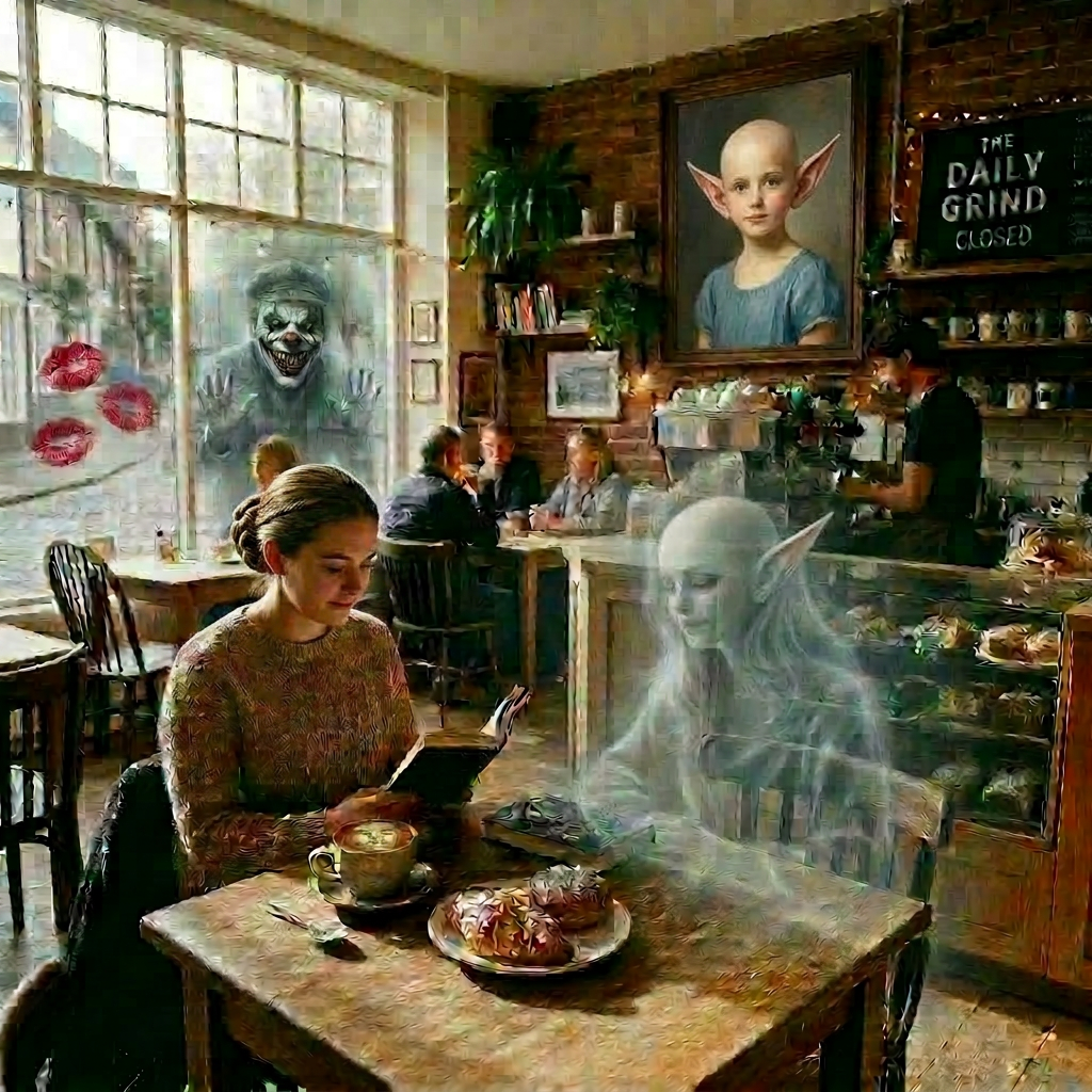 Woman reading book at table with coffee and pastries in a cozy cafe