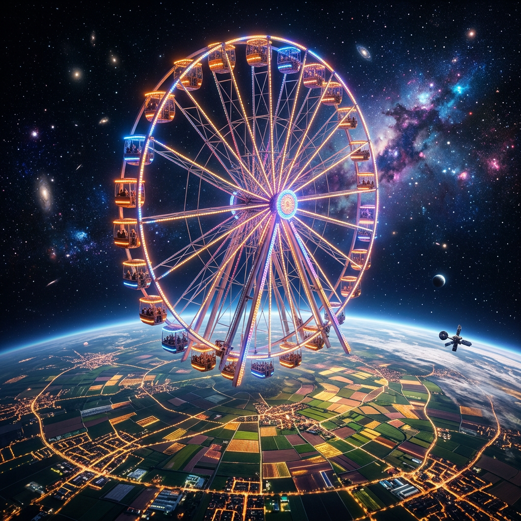 Illuminated Ferris wheel suspended above Earth with galaxies and stars in space