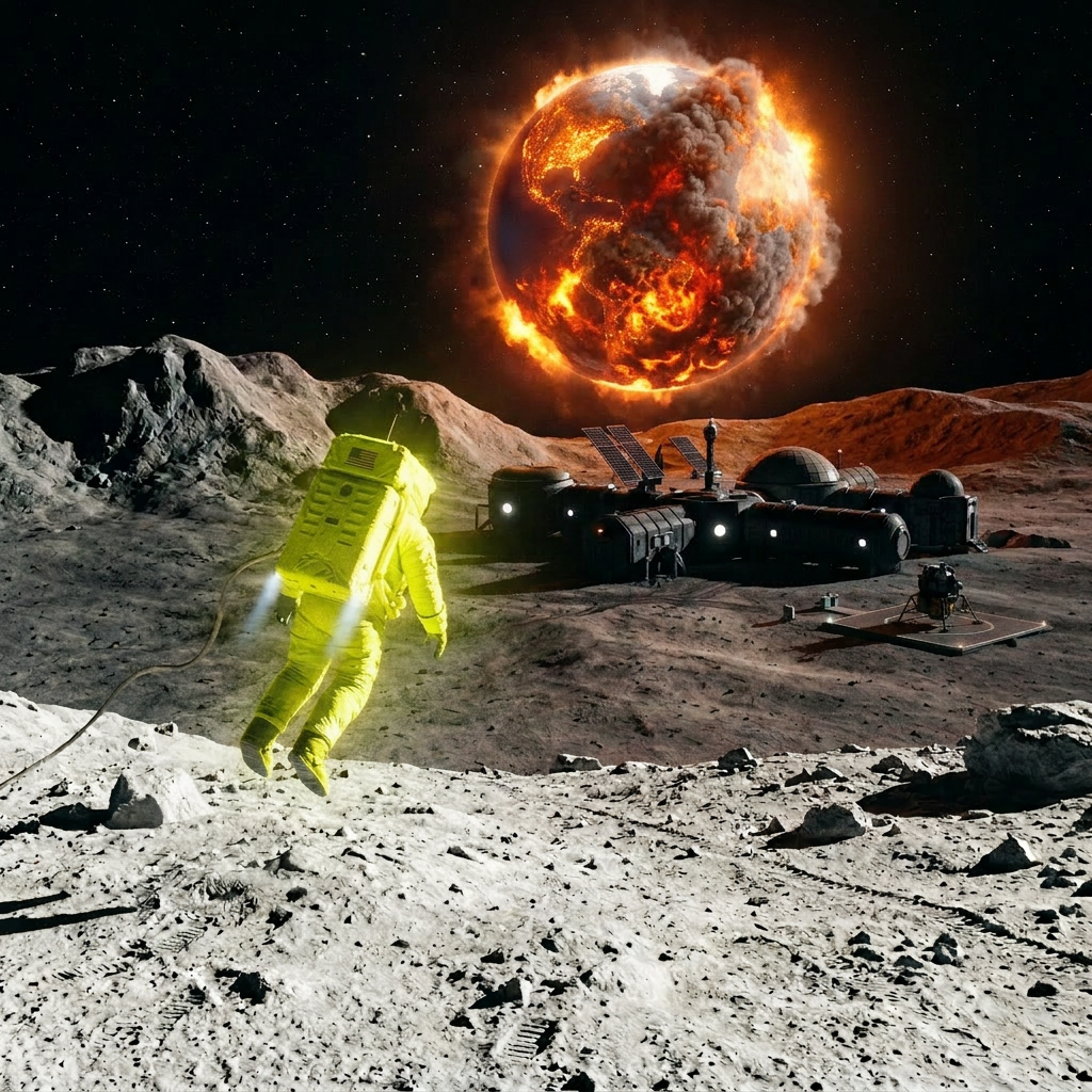 Astronaut in space suit floating near lunar base on moon with Earth in background