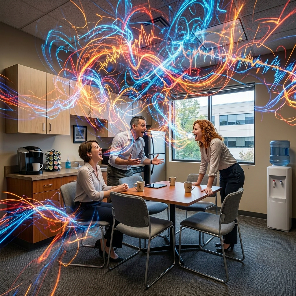 Office kitchenette with table and chairs, overlaid with swirling orange and blue light trails