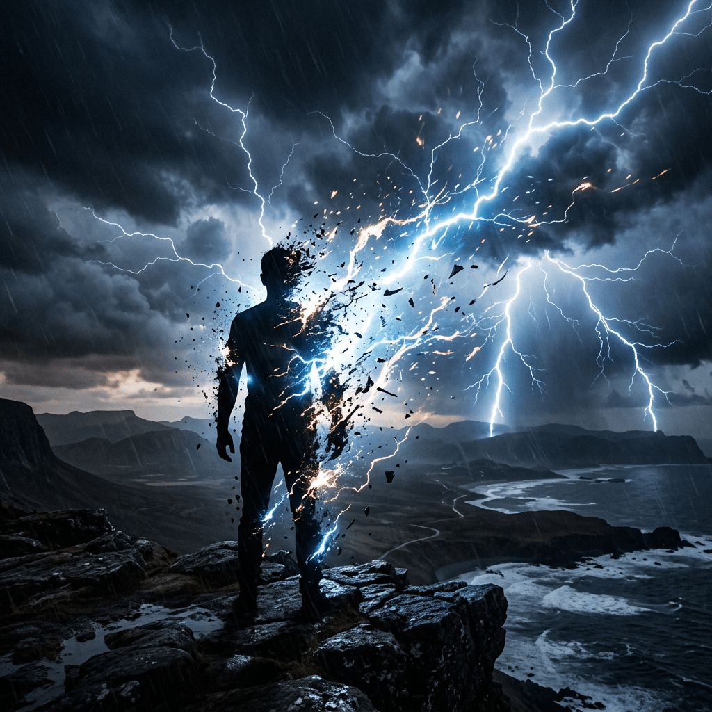 Silhouetted person struck by lightning with fragmentation effect on rocky cliff