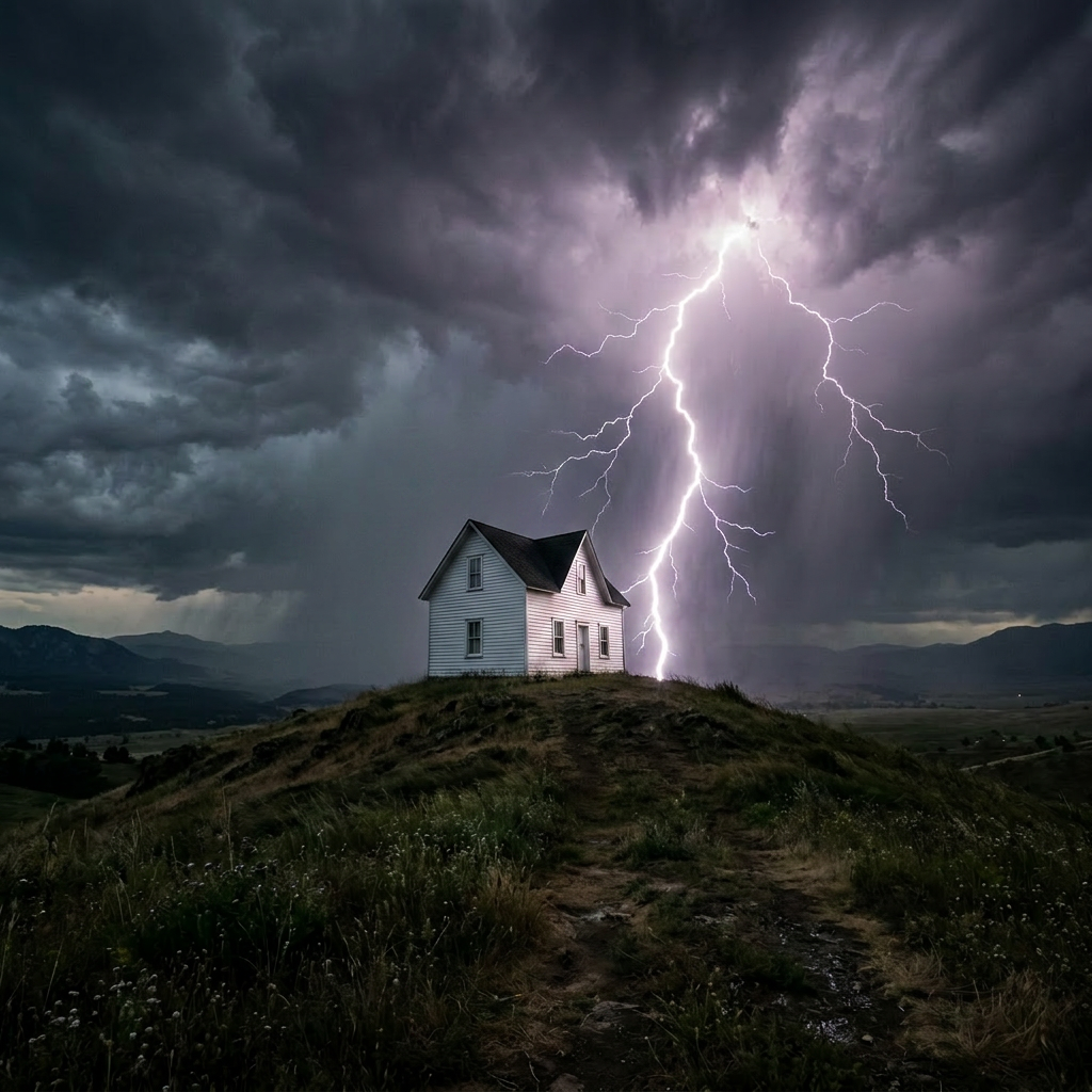 Lightning striking near a solitary tree on a hill under dark storm clouds