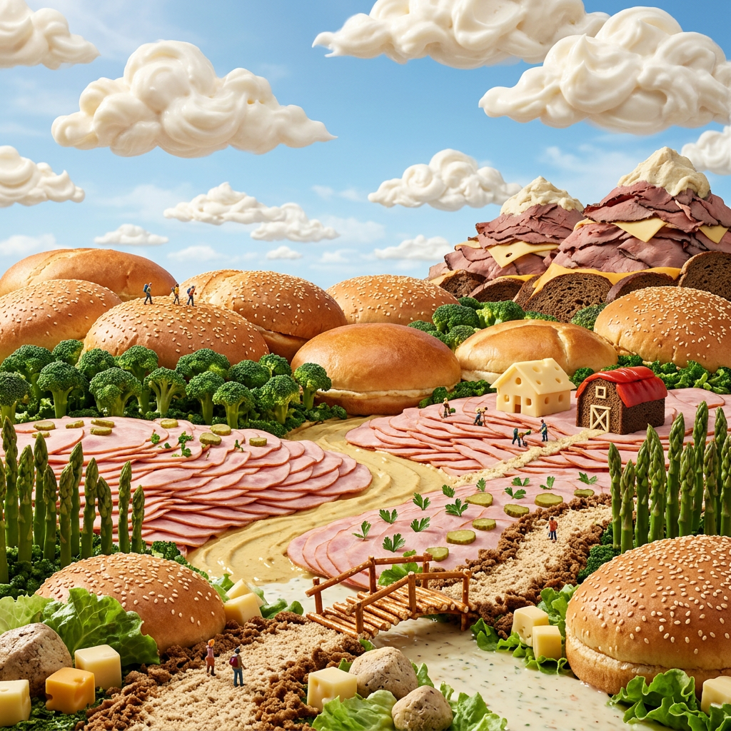 Miniature hikers exploring a landscape of sandwich buns, sliced meats, broccoli, and cheese buildings