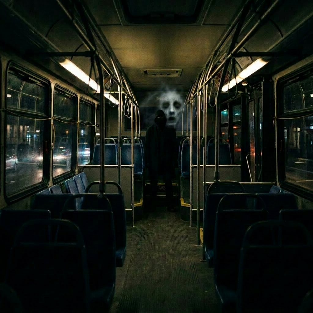 Person wearing dark clothing and hood standing inside an empty bus at night