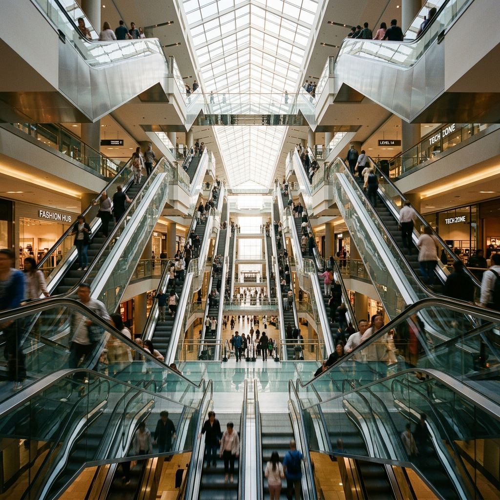 Interior of a multi-level shopping mall with several escalators and people moving between floors under a large glass ceiling.