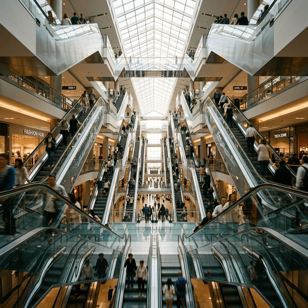 Interior of a multi-level shopping mall with several escalators and people moving between floors under a large glass ceiling.