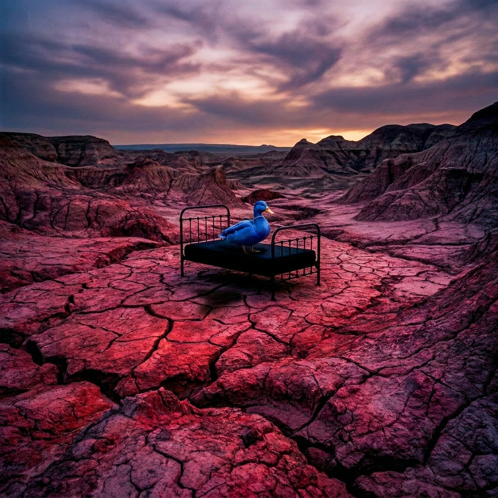 Black metal bed on cracked red desert ground with rocky hills and cloudy sky