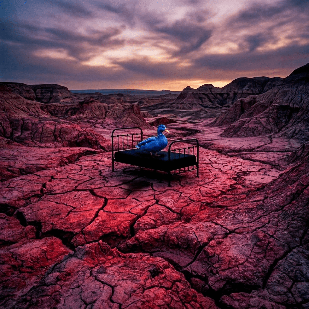Black metal bed on cracked red desert ground with rocky hills and cloudy sky