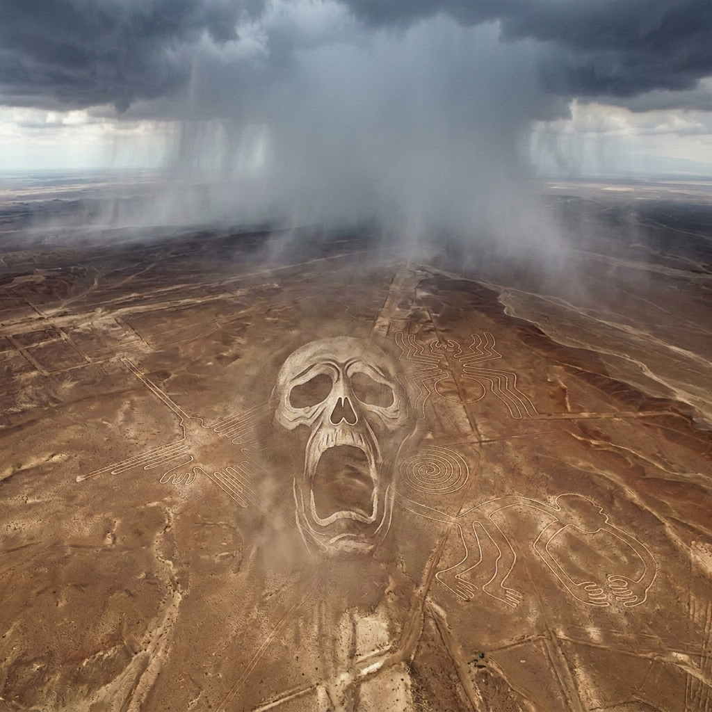 Nazca Lines geoglyphs of monkey, spider, and hummingbird in desert with dark storm clouds overhead