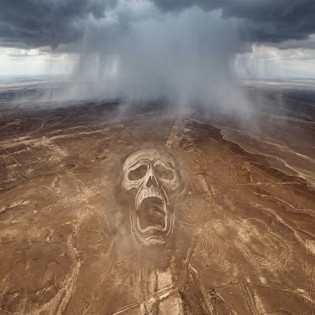 Nazca Lines geoglyphs of monkey, spider, and hummingbird in desert with dark storm clouds overhead