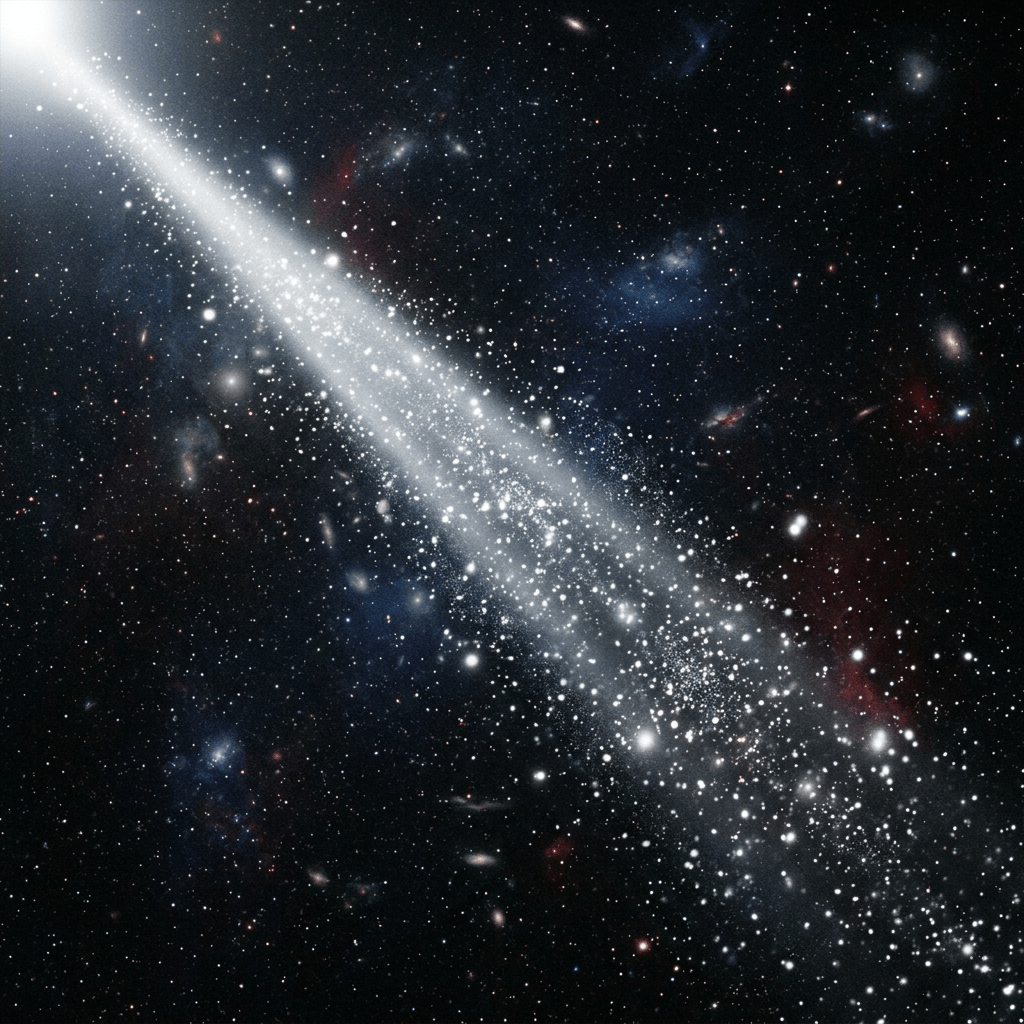 Bright comet with glowing tail moving across starry space background