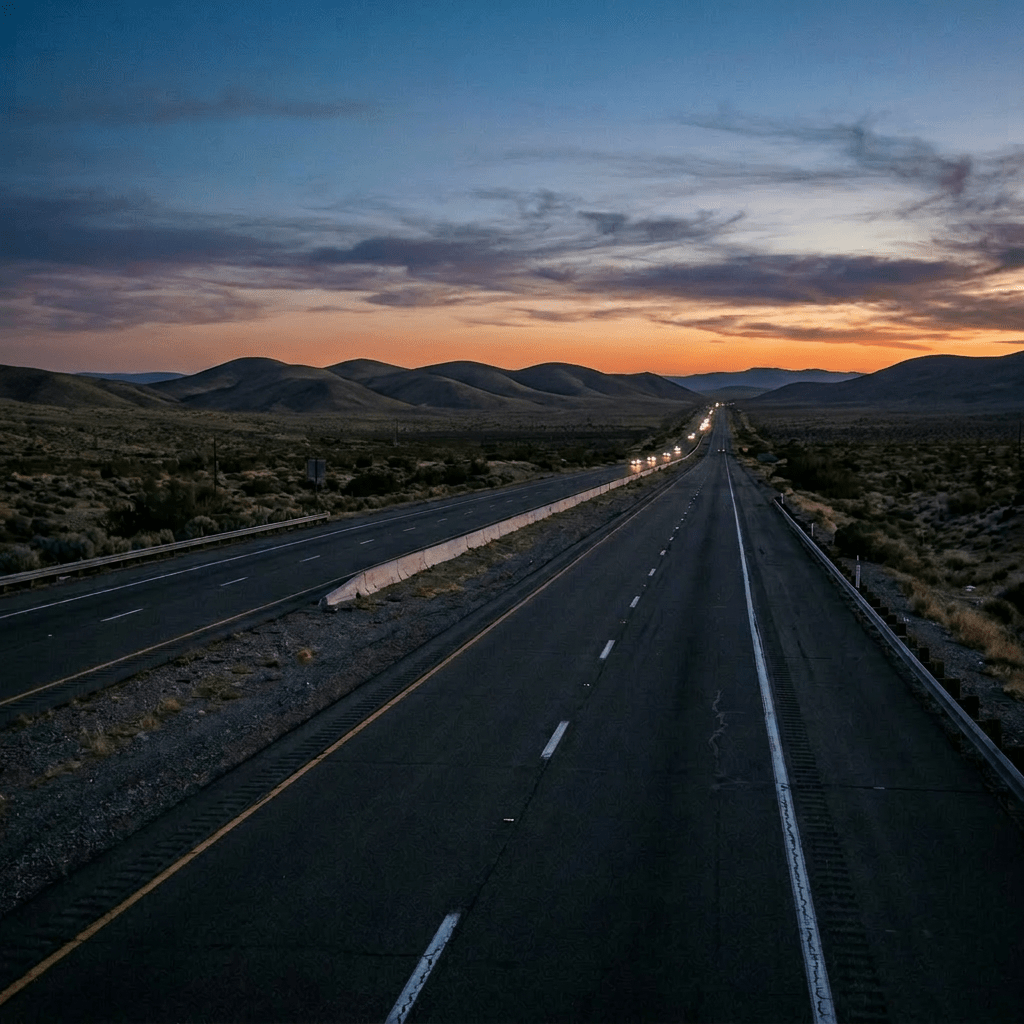 A desert highway fading into the horizon with mountains and a sunset sky