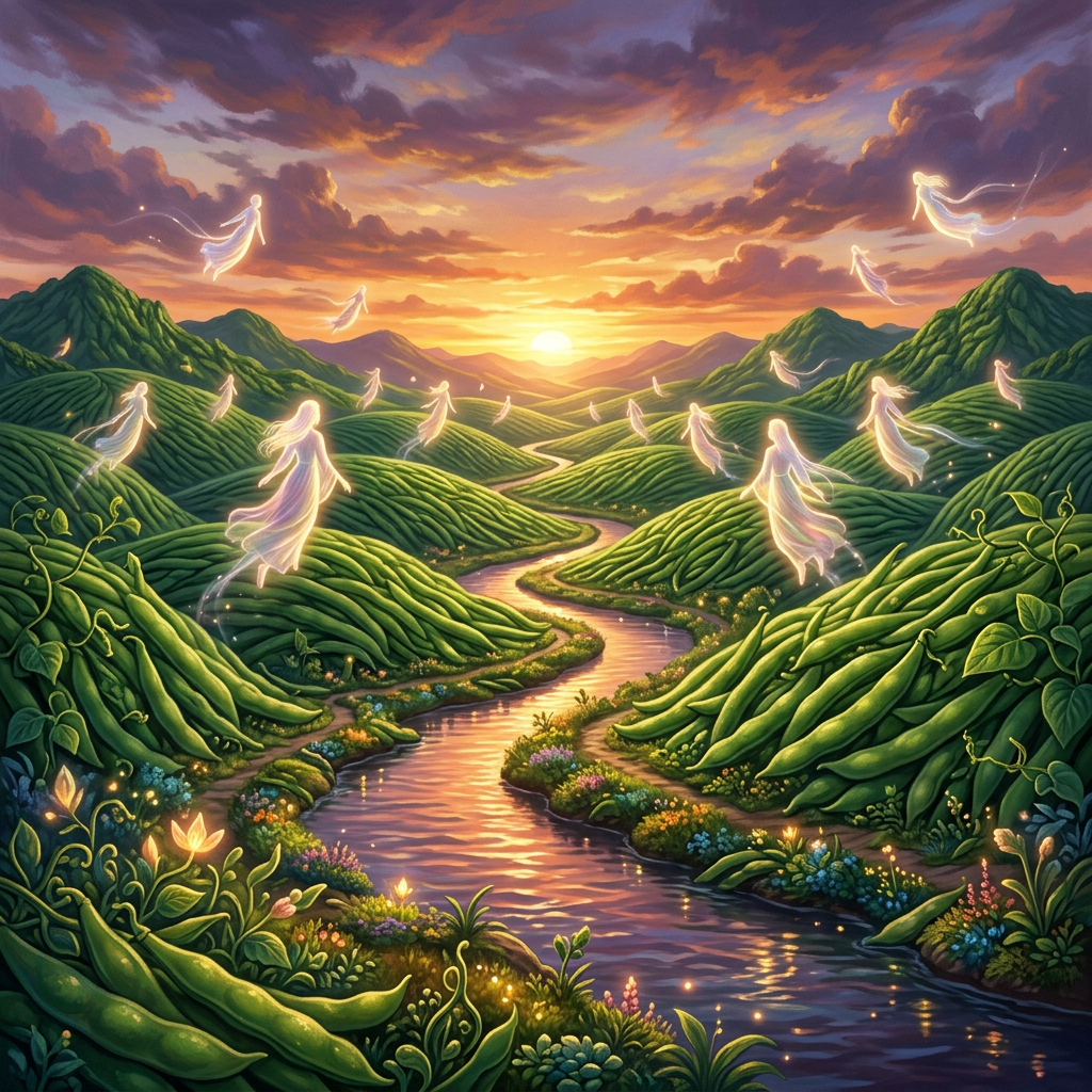 Glowing translucent figures floating above green hills with a winding river at sunset