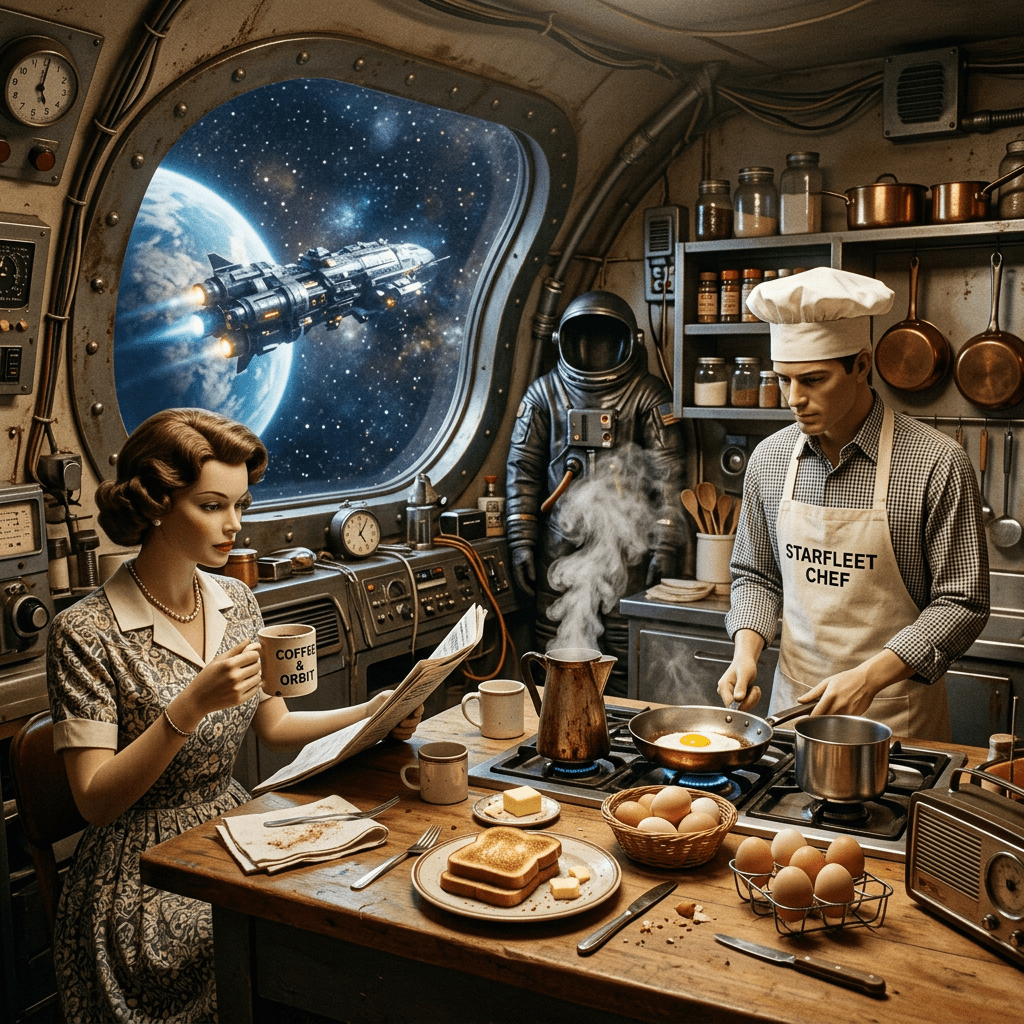 Retro spaceship kitchen with chef, diner, astronaut, breakfast, and starship near Earth