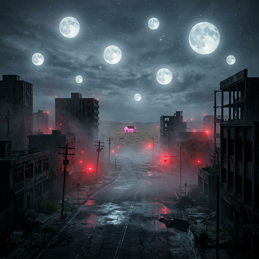 Foggy abandoned city street beneath multiple glowing moons and red traffic lights