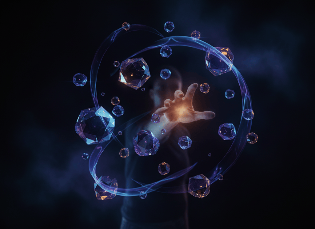 An abstract fine-art visualization of telekinesis: invisible psychic force bending and lifting luminous geometric fragments through the air, swirling energy fields, subtle human presence implied through gesture and motion, dramatic contrast, surreal contemporary editorial aesthetic, rich electric blue, violet, and warm amber accents, dark atmospheric background, no text, no logos.